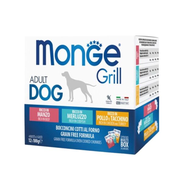 Monge Cão Grill Multibox Vaca, Bacalhau, Frango e Peru 12x100g